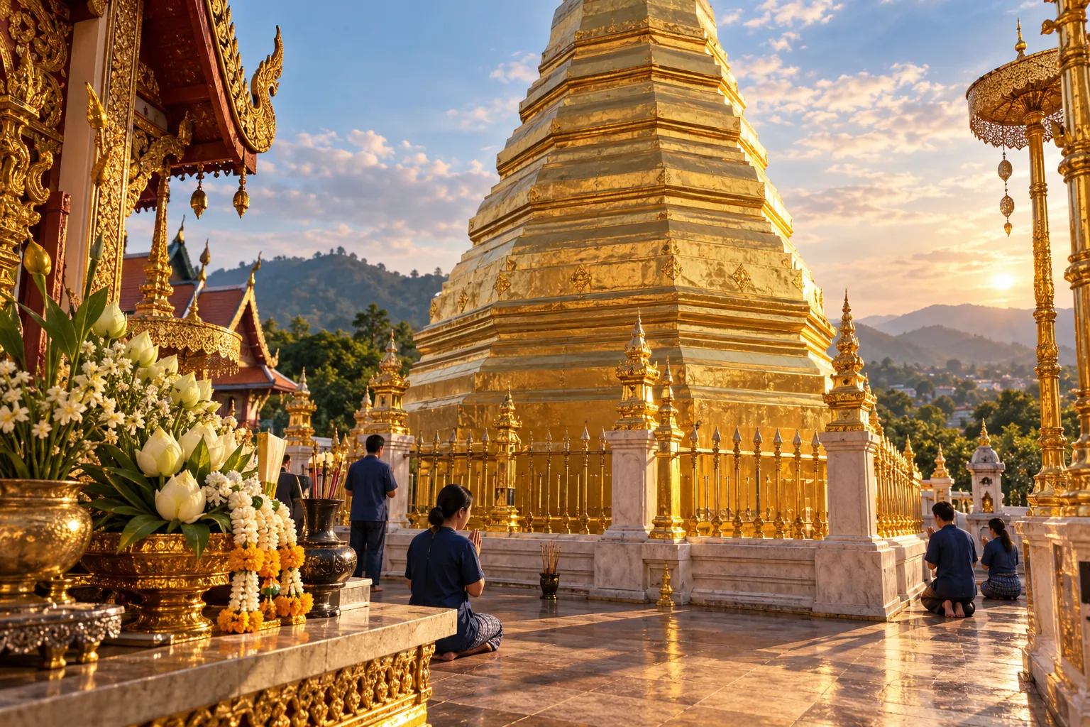 ภาพสร้างสรรค์มุมใกล้ของฐานพระธาตุและลานสักการะ