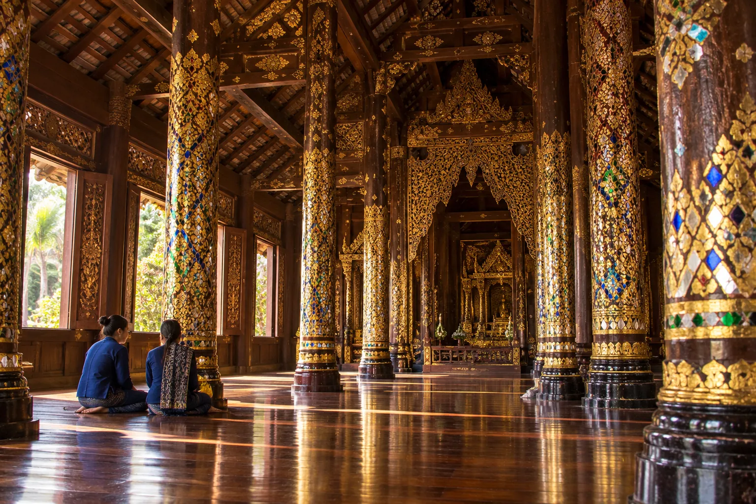 ภาพสร้างสรรค์ภายในเรือนไม้สัก เน้นเสาและงานประดับกระจกสี
