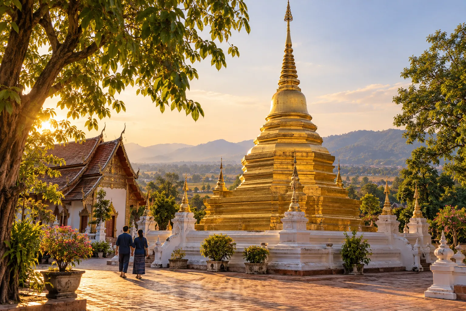 ภาพสร้างสรรค์พระธาตุสีทองและลานวัดในบริบทแอ่งเมืองลอง