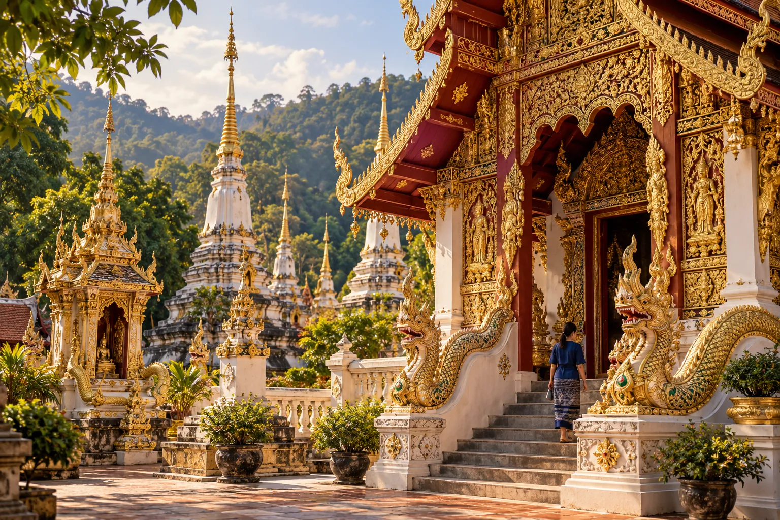 ภาพสร้างสรรค์มุมใกล้ซุ้มประตูและองค์ประกอบล้านนาประยุกต์