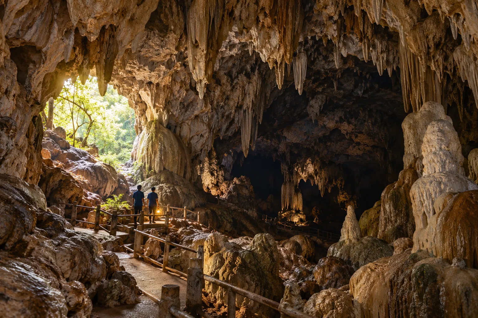 ภาพสร้างสรรค์ถ้ำผานางคอย: ถ้ำในภูเขาหินปูนกลางป่า พร้อมเรื่องเล่าประจำถิ่น