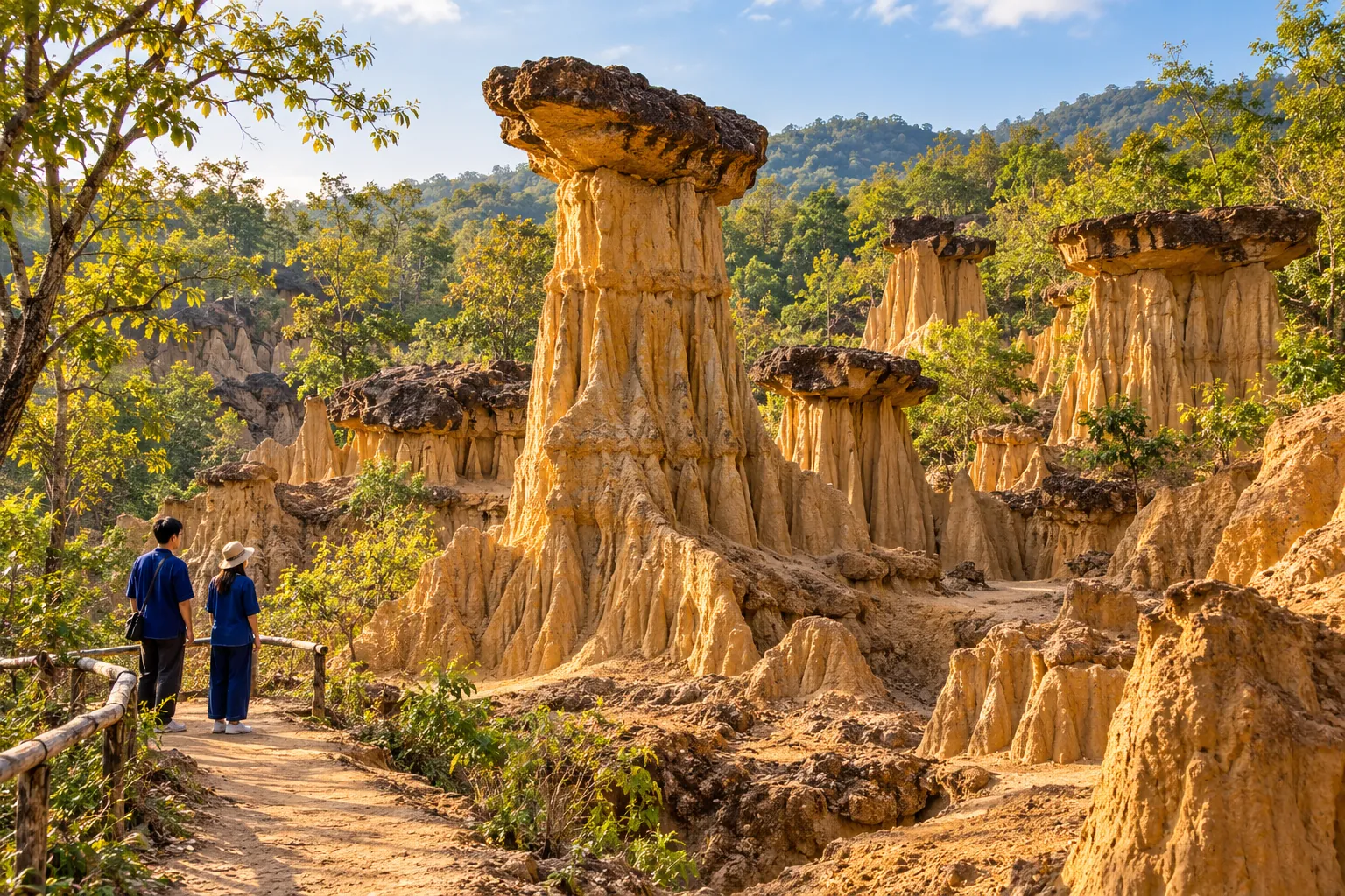 ภาพสร้างสรรค์วนอุทยานแพะเมืองผี: เสาดินและหินทรายรูปทรงแปลกตา ผลงานการกัดเซาะของธรรมชาติ