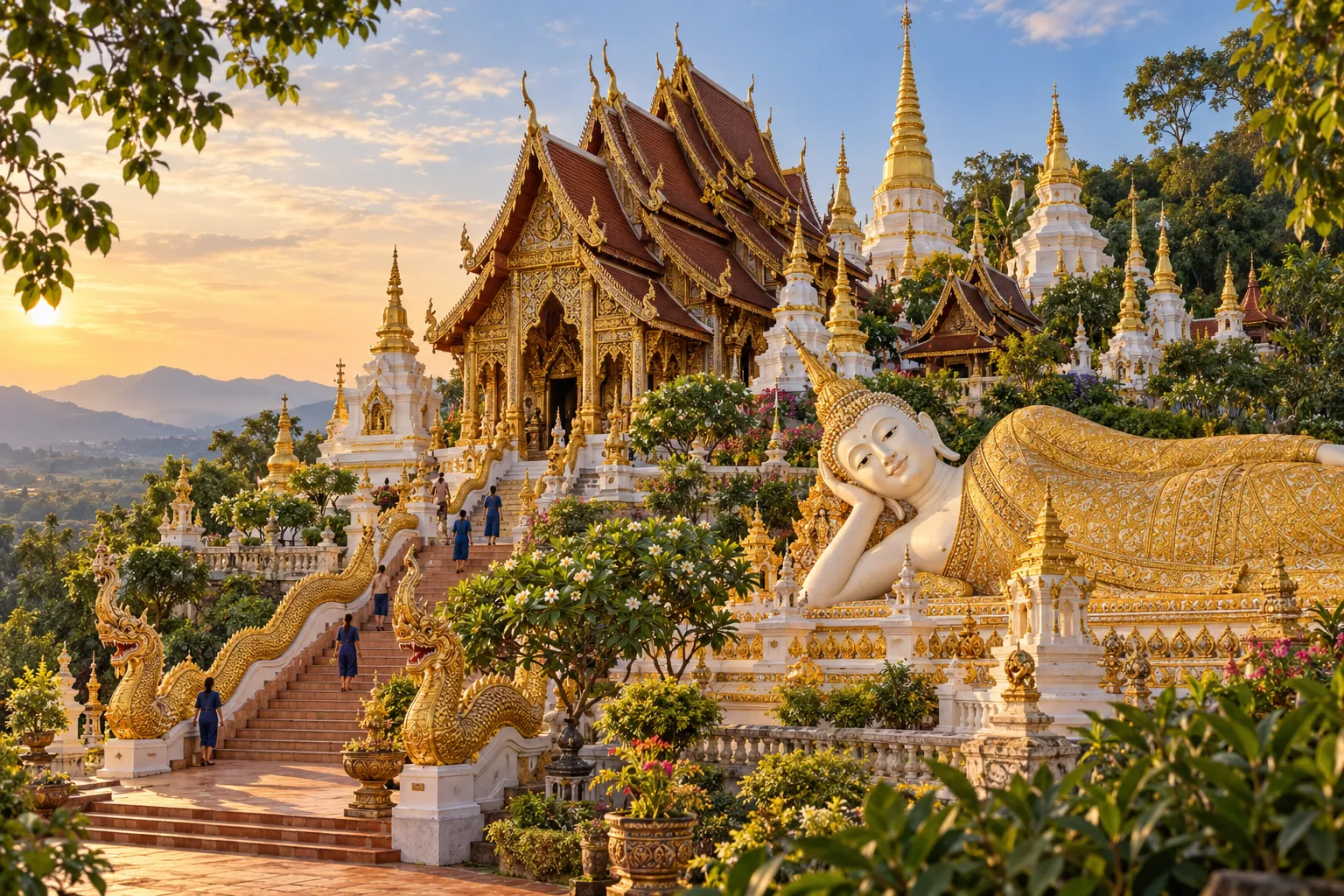 ภาพสร้างสรรค์วัดพระธาตุสุโทนมงคลคีรี: พุทธศิลป์ล้านนาประยุกต์ เจดีย์หลายองค์และพระนอนโดดเด่น