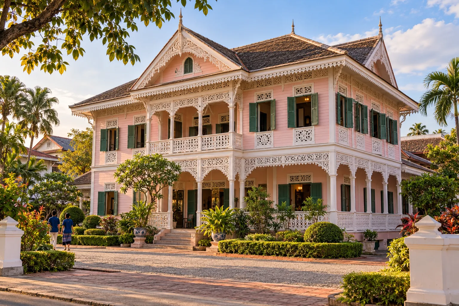 ภาพสร้างสรรค์คุ้มวงศ์บุรี: เรือนสีชมพูโดดเด่นด้วยลายฉลุไม้แบบขนมปังขิง
