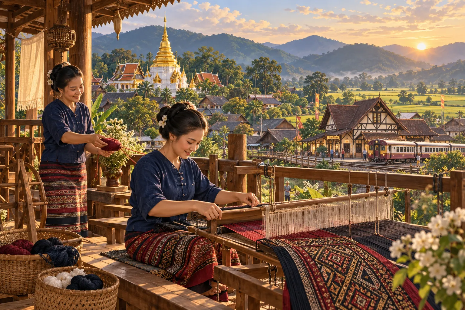 ภาพสร้างสรรค์วิถีชีวิตอำเภอลอง: ผ้าตีนจก • พระธาตุศรีดอนคำ